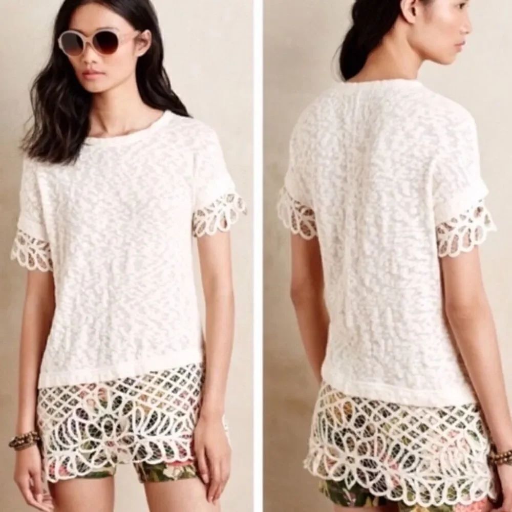 Sutarday Sunday Anthropologie Spalliera Lace Trim Tunic Top Size L